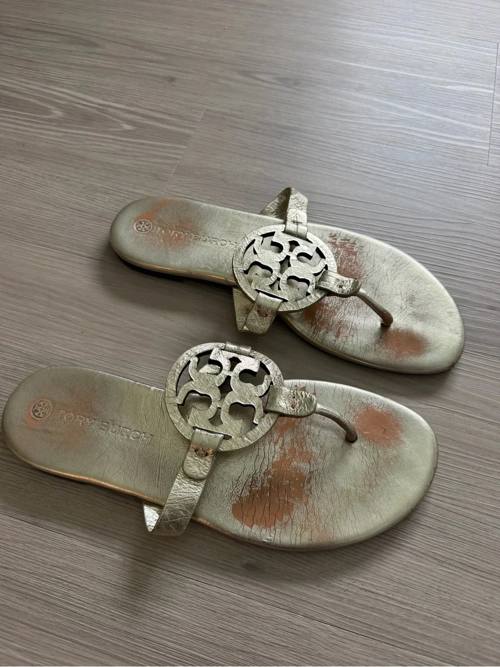Tory Burch Metallic Gold Logo Thong Sandals